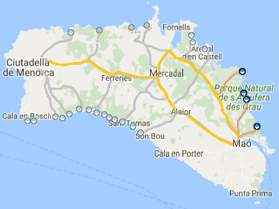 Mapa Menorky - východní pláže